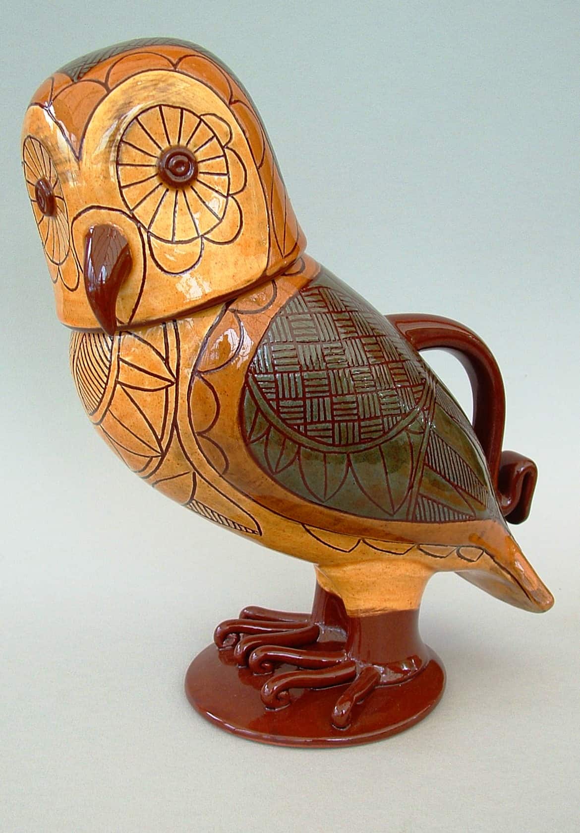 Owl lidded jug, 3 tone green Phil Arthur