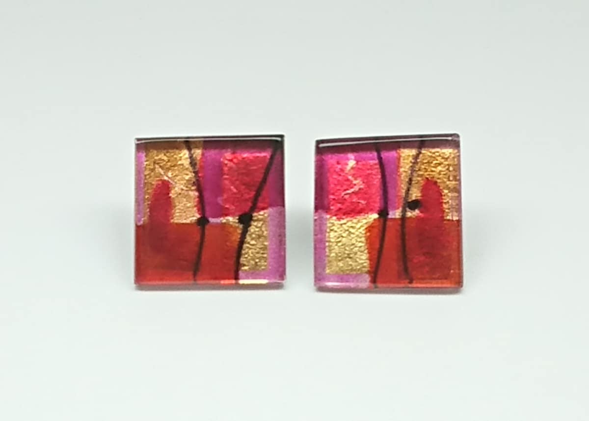 Red & Gold Square Acrylic Stud Earrings Gail Klevan